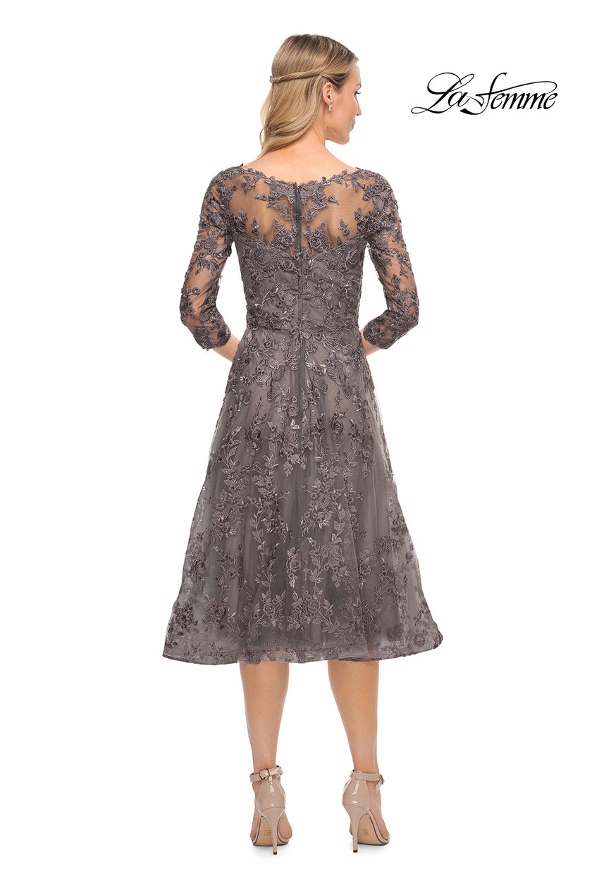 Picture of: Tea Length Lace Evening Dress with Sleeves in Silver, Style: 30268, Back Picture