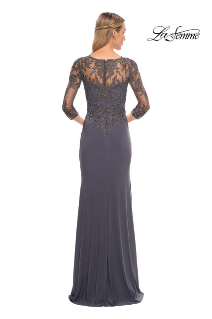 Picture of: Lace and Net Jersey Gown with Illusion Sleeves in Silver, Style: 30384, Back Picture