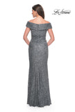 Picture of: Off the Shoulder Beaded Lace Evening Gown in Gunmetal, Style: 31679, Back Picture