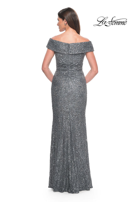 Picture of: Off the Shoulder Beaded Lace Evening Gown in Gunmetal, Style: 31679, Back Picture