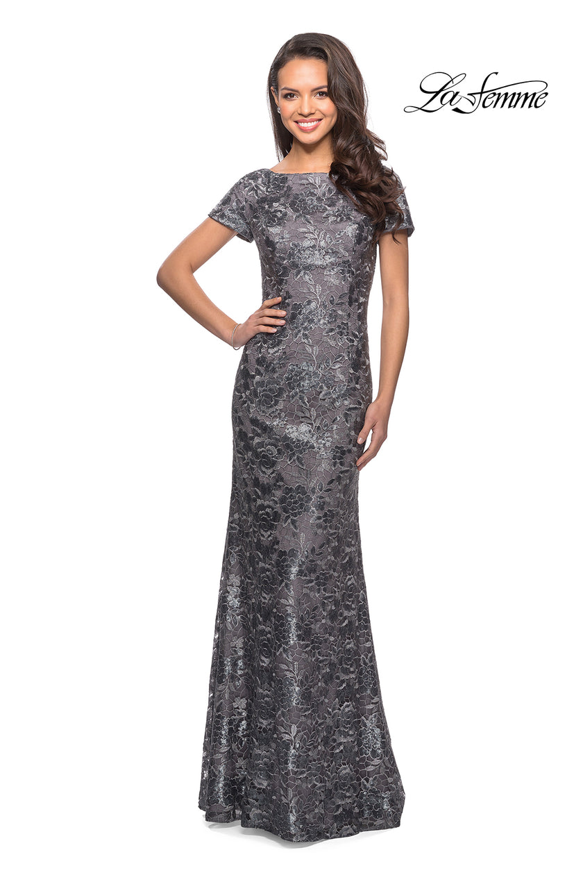 Picture of: Floor Length Short Sleeve Lace Dress in Gunmetal, Style: 27884, Detail Picture 1