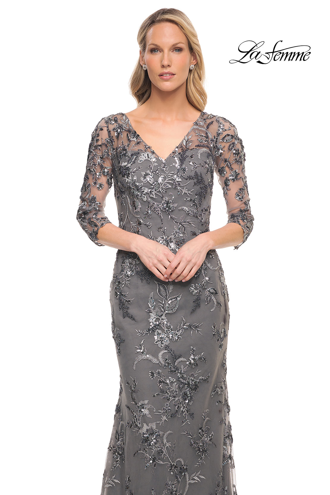 Picture of: Exquisite Lace Beaded Long GOwn with Sheer Sleeves in Silver, Style: 29976, Detail Picture 1
