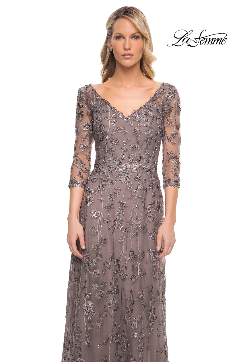 Picture of: Beaded Lace Gown with V Neckline and Sheer Sleeves in Silver, Style: 29994, Detail Picture 1