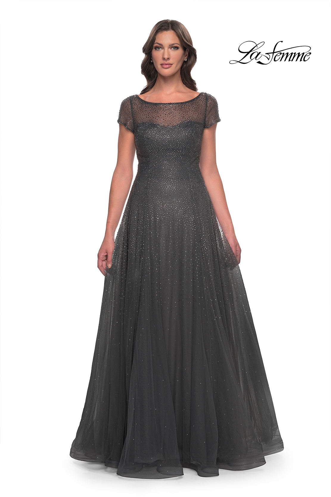 Picture of: Beaded A-Line Dress with Illusion Neckline and Sleeves in Gunmetal, Style: 30852, Detail Picture 1