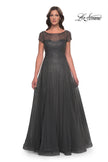 Picture of: Beaded A-Line Dress with Illusion Neckline and Sleeves in Gunmetal, Style: 30852, Detail Picture 1