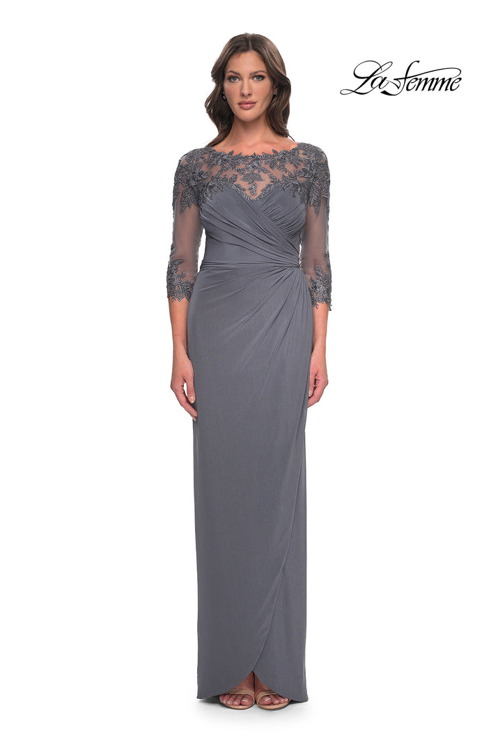 Picture of: Long Jersey Evening Dress with Lace Detail Neckline and Sleeves in Gunmetal, Style: 31093, Detail Picture 1