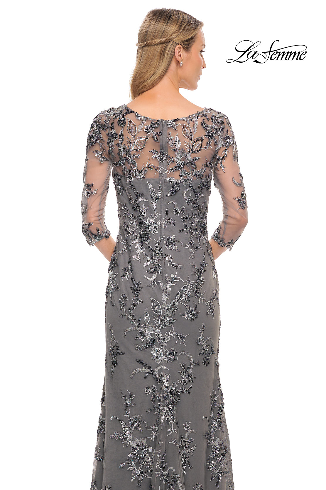 Picture of: Exquisite Lace Beaded Long GOwn with Sheer Sleeves in Silver, Style: 29976, Detail Picture 2