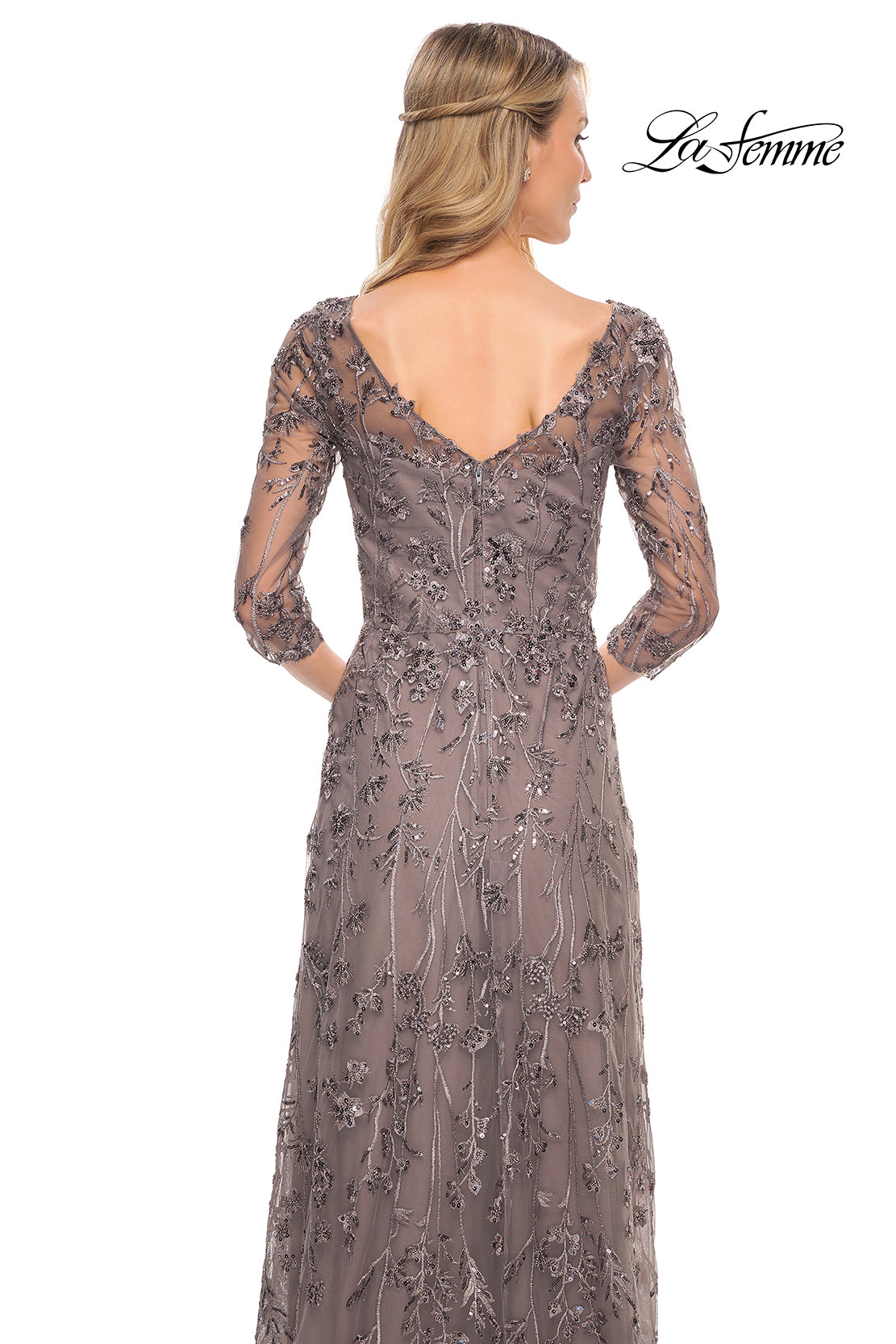 Picture of: Beaded Lace Gown with V Neckline and Sheer Sleeves in Silver, Style: 29994, Detail Picture 2