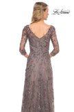 Picture of: Beaded Lace Gown with V Neckline and Sheer Sleeves in Silver, Style: 29994, Detail Picture 2