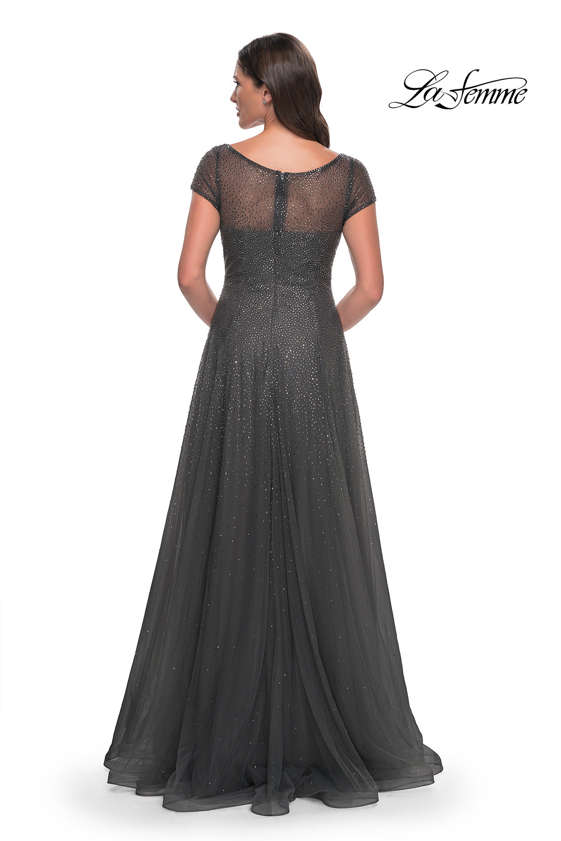 Picture of: Beaded A-Line Dress with Illusion Neckline and Sleeves in Gunmetal, Style: 30852, Detail Picture 2