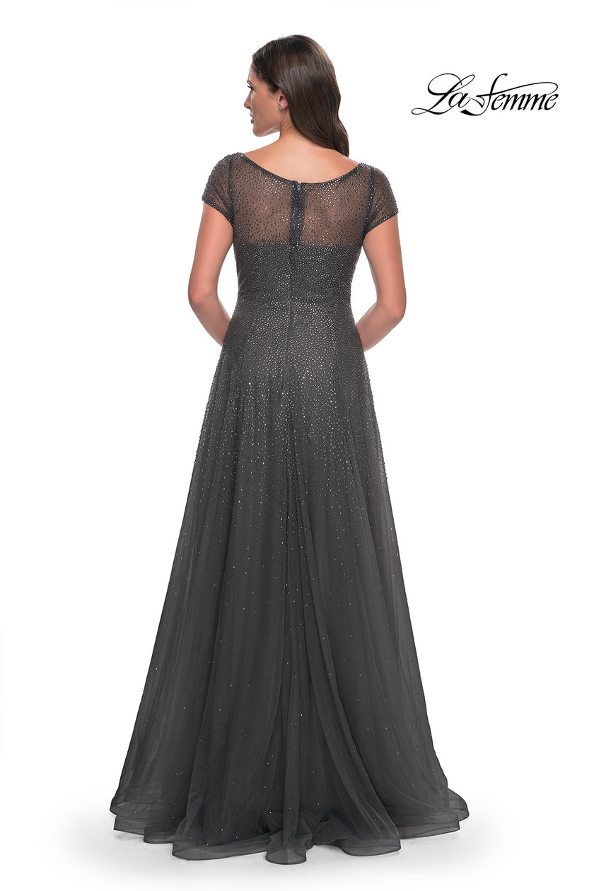 Picture of: Beaded A-Line Dress with Illusion Neckline and Sleeves in Gunmetal, Style: 30852, Detail Picture 2