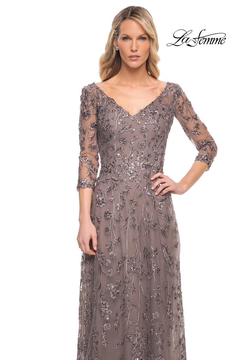 Picture of: Beaded Lace Gown with V Neckline and Sheer Sleeves in Silver, Style: 29994, Detail Picture 3