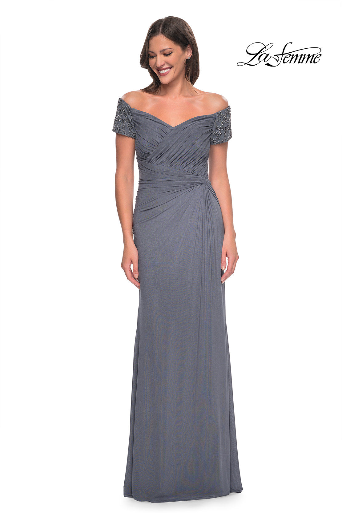 Picture of: Net Jersey Long Gown with Exquisite Beaded Design in Gunmetal, Style: 30057, Detail Picture 3