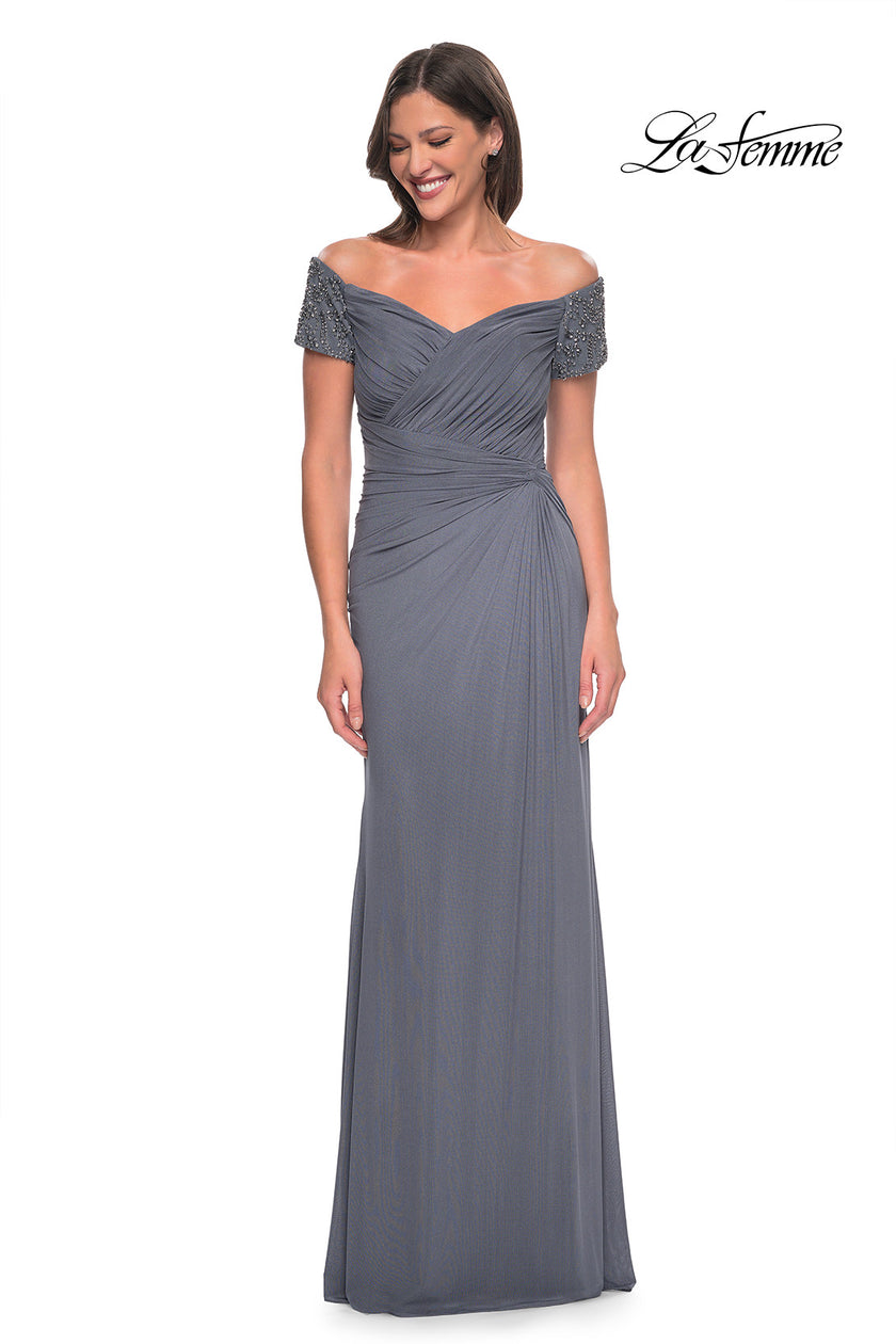 Picture of: Net Jersey Long Gown with Exquisite Beaded Design in Gunmetal, Style: 30057, Detail Picture 3