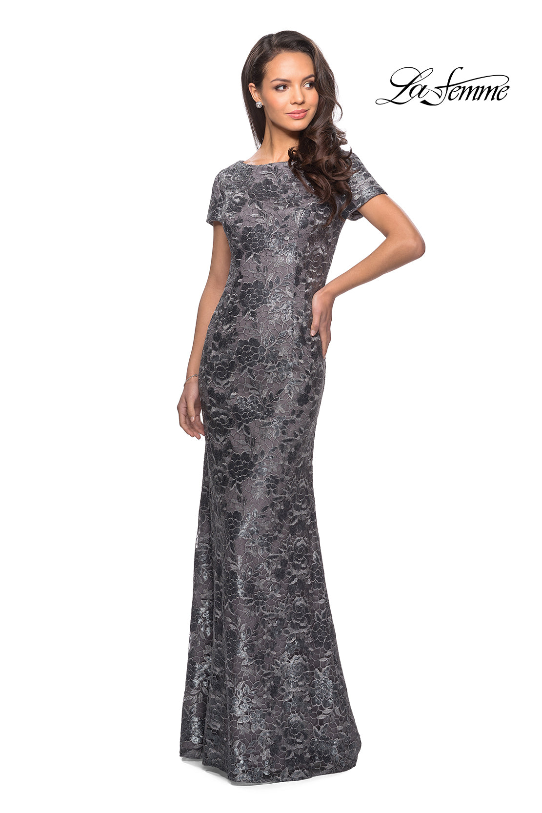 Picture of: Floor Length Short Sleeve Lace Dress in Gunmetal, Style: 27884, Detail Picture 4