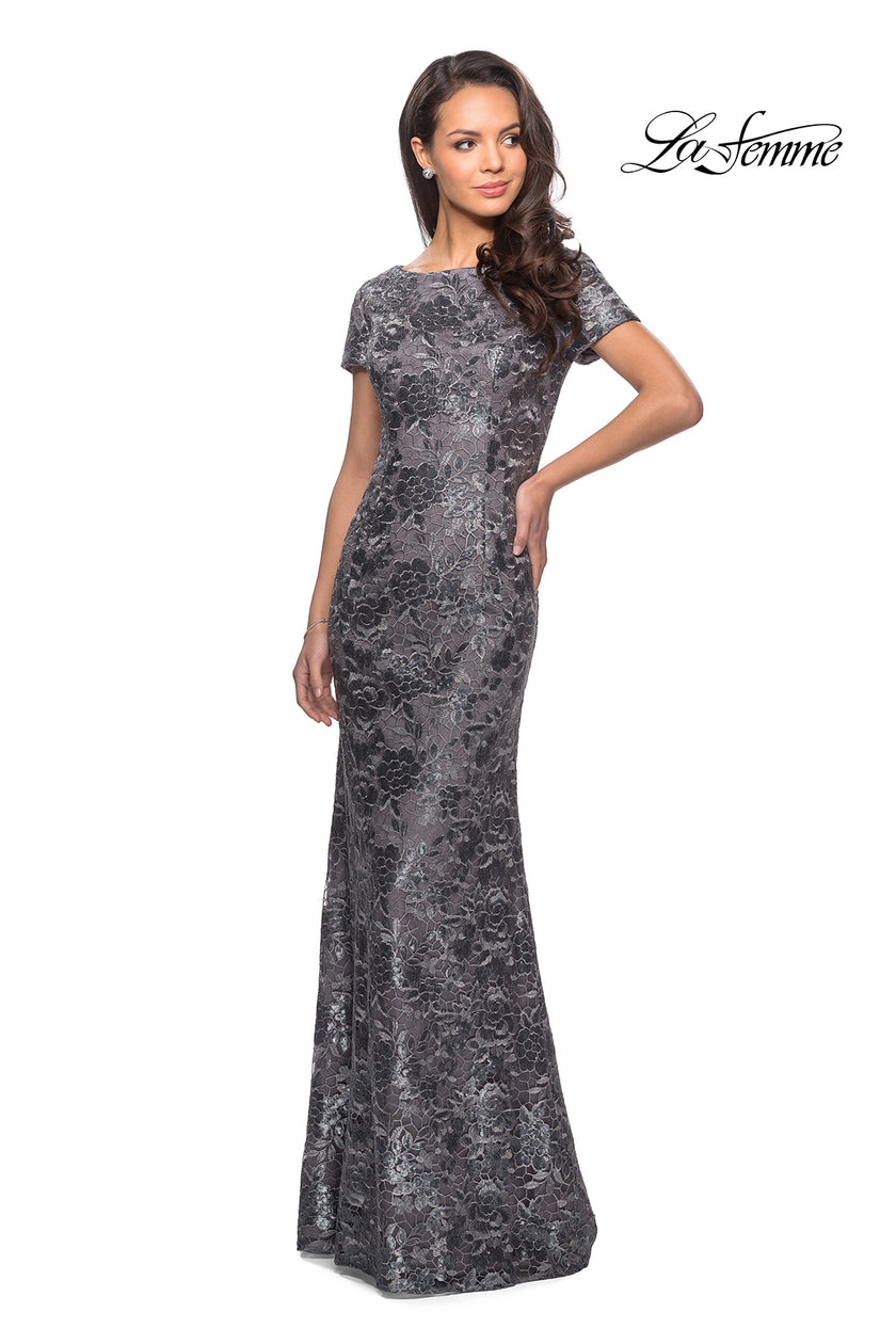 Picture of: Floor Length Short Sleeve Lace Dress in Gunmetal, Style: 27884, Detail Picture 4