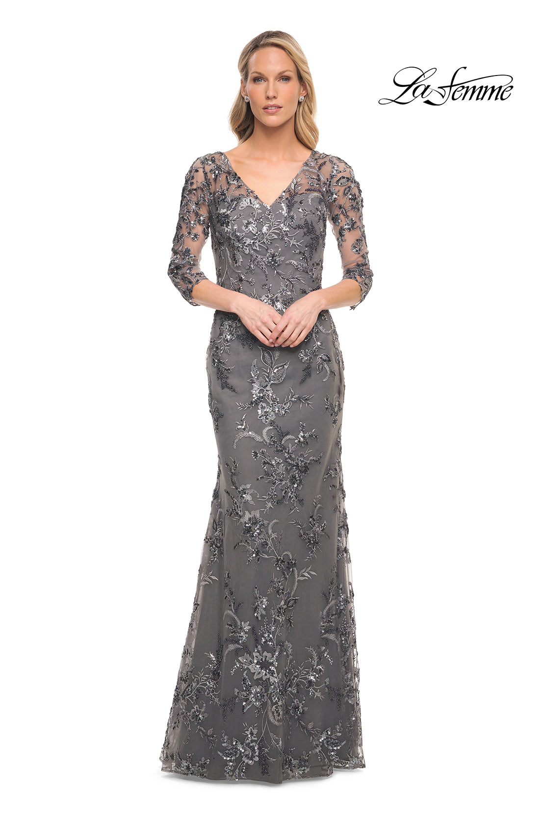 Picture of: Exquisite Lace Beaded Long GOwn with Sheer Sleeves in Silver, Style: 29976, Detail Picture 4