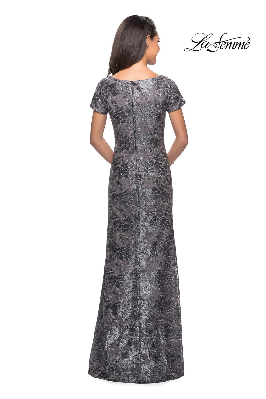 Picture of: Floor Length Short Sleeve Lace Dress in Gunmetal, Style: 27884, Detail Picture 5