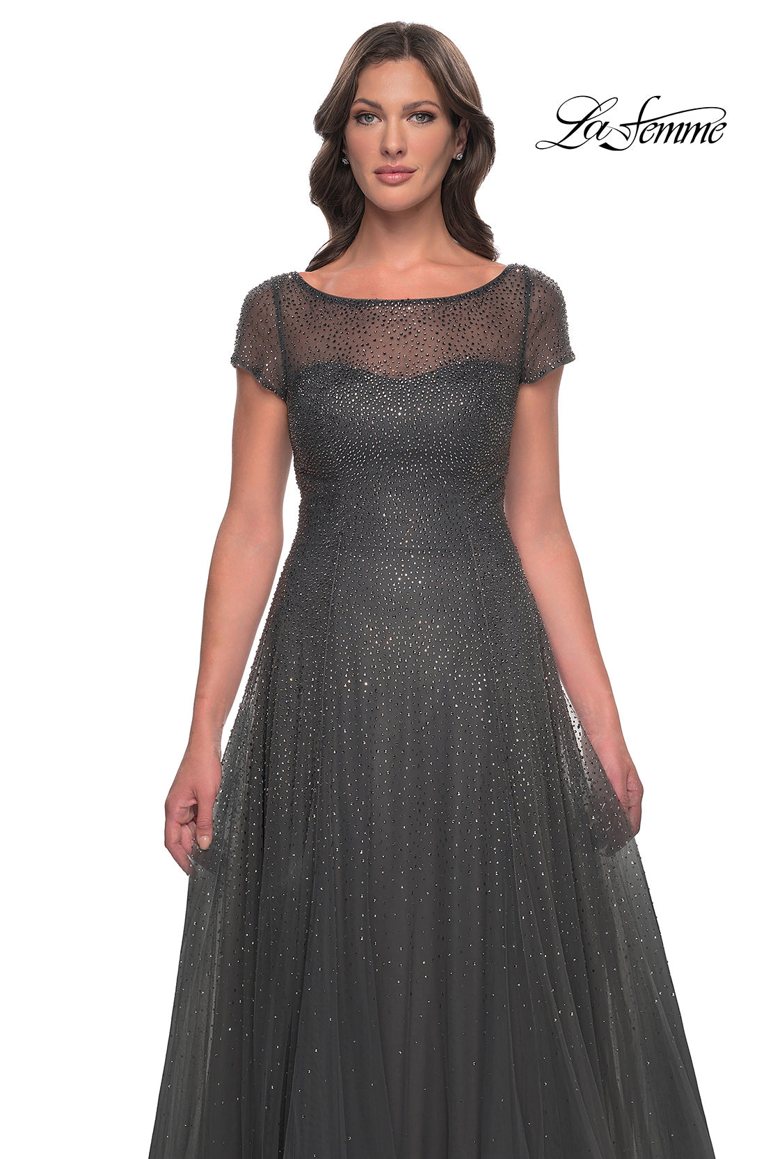 Picture of: Beaded A-Line Dress with Illusion Neckline and Sleeves in Gunmetal, Style: 30852, Detail Picture 5