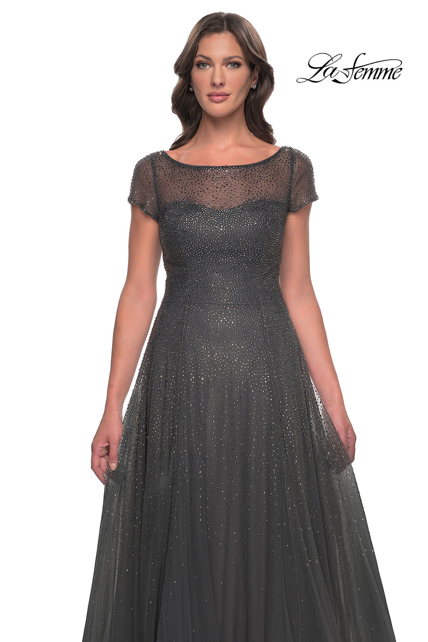Picture of: Beaded A-Line Dress with Illusion Neckline and Sleeves in Gunmetal, Style: 30852, Detail Picture 5