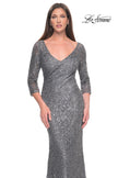 Picture of: Fitted Beaded Lace Evening Gown with Ruching in Gunmetal, Style: 31721, Detail Picture 5