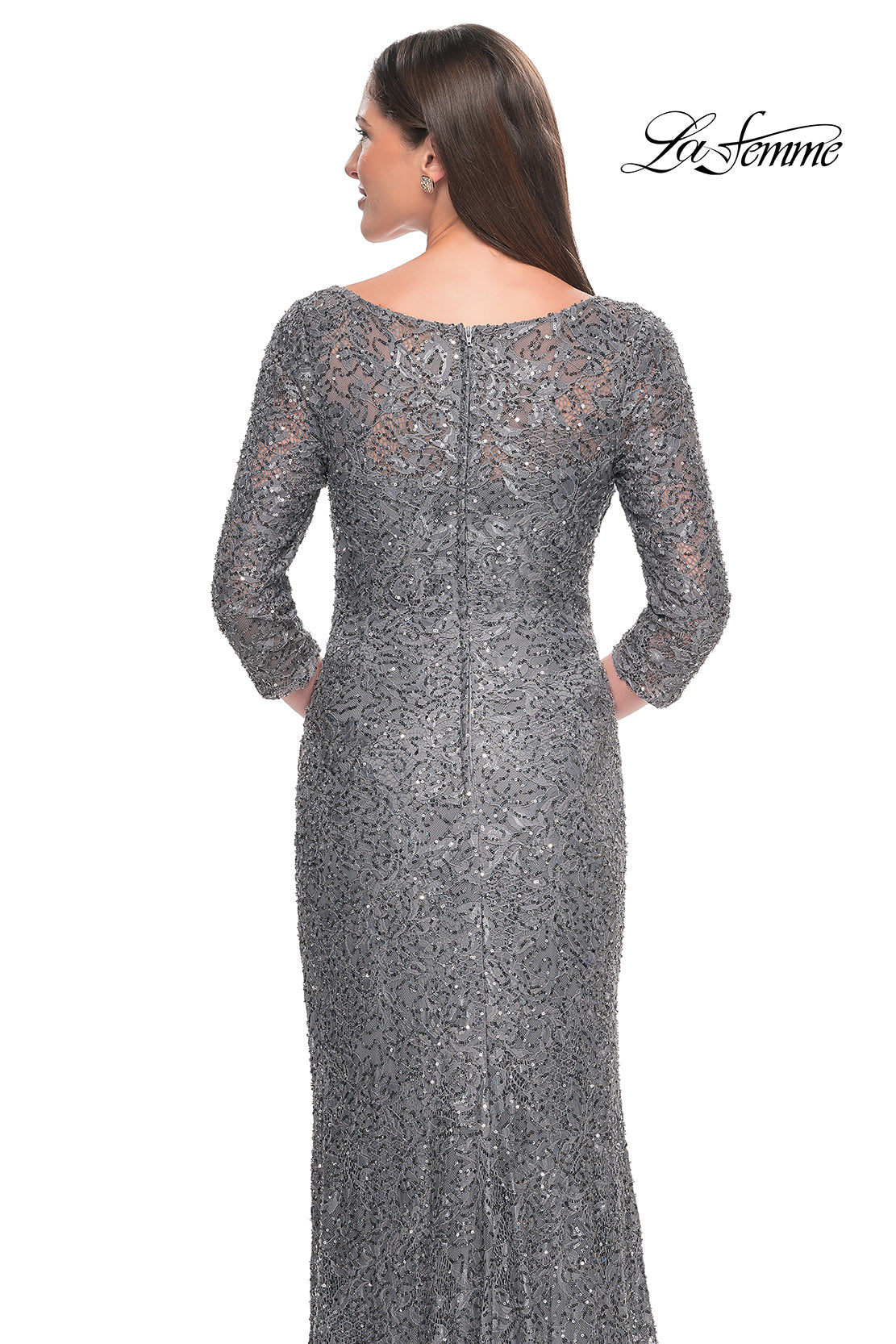 Picture of: Fitted Beaded Lace Evening Gown with Ruching in Gunmetal, Style: 31721, Detail Picture 6