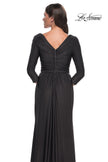 Picture of: Ruched Long Dress with Ruffle Skirt Detail and Sleeves in Gunmetal, Style: 30845, Detail Picture 7