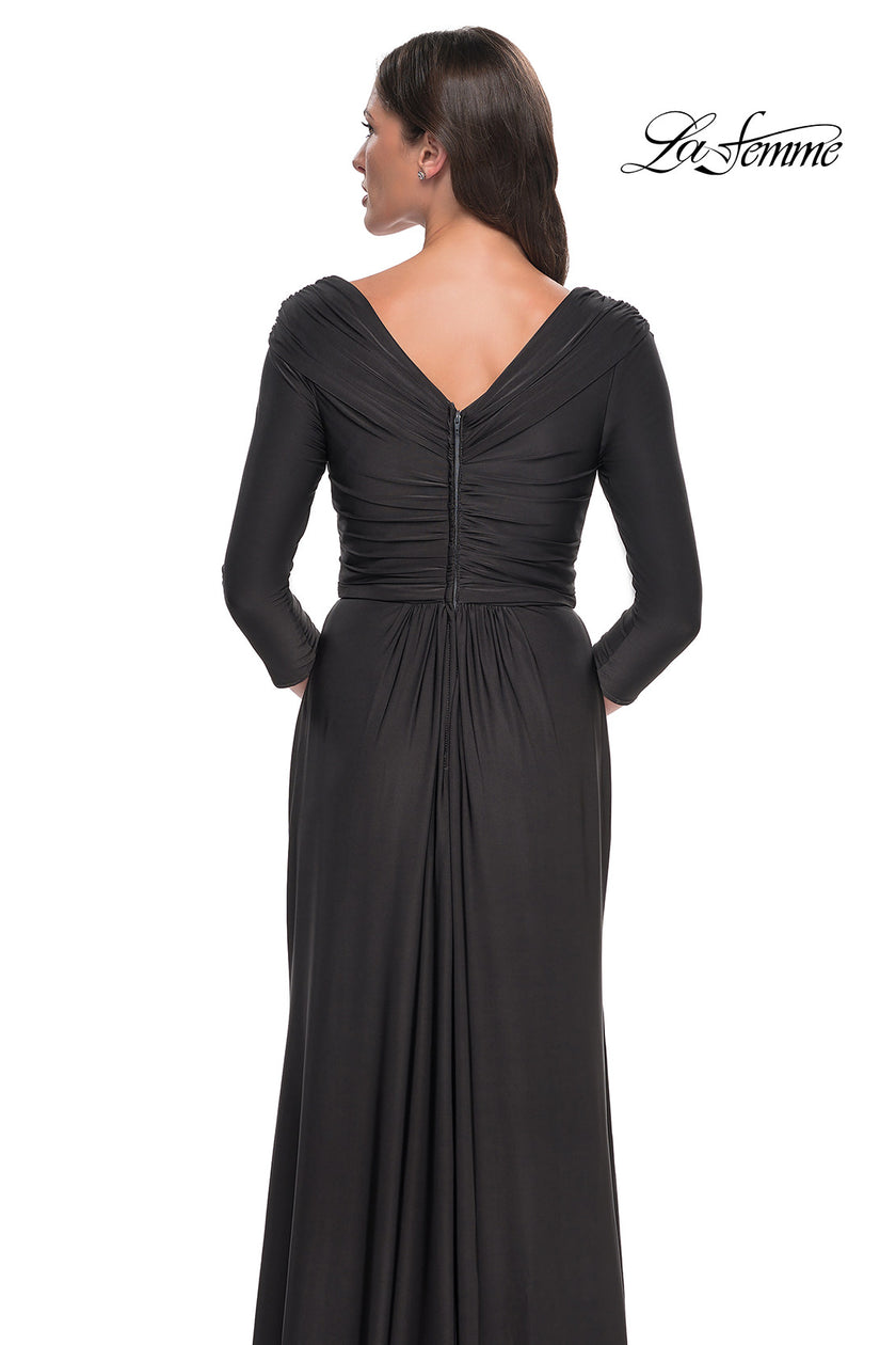 Picture of: Ruched Long Dress with Ruffle Skirt Detail and Sleeves in Gunmetal, Style: 30845, Detail Picture 7