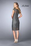 Picture of: Short Lace Dress with Sheer Top Neckline and Hem in Gunmetal, Style: 24905, Back Picture