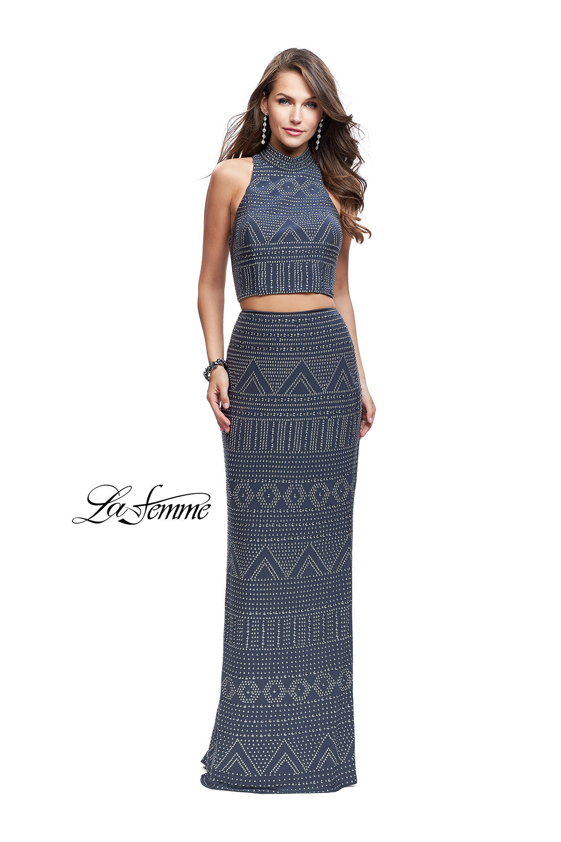 Picture of: Two Piece Form Fitting Prom Dress with Stud Beading in Gunmetal, Style: 26045, Main Picture