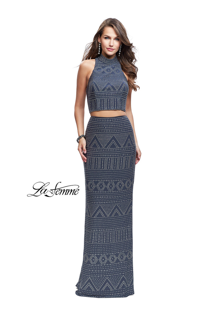 Picture of: Two Piece Form Fitting Prom Dress with Stud Beading in Gunmetal, Style: 26045, Main Picture