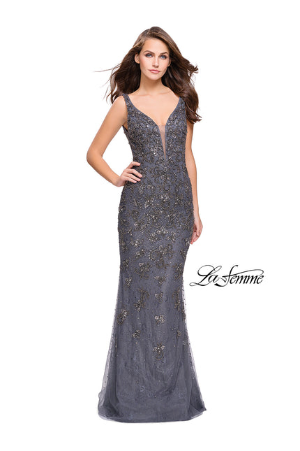 Picture of: Form Fitting Prom Dress with Metallic Beading and V Neck in Gunmetal, Style: 26054, Main Picture
