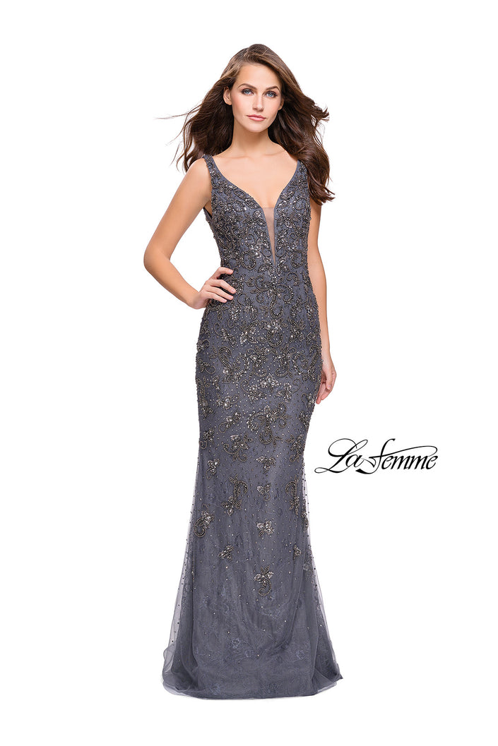 Picture of: Form Fitting Prom Dress with Metallic Beading and V Neck in Gunmetal, Style: 26054, Main Picture