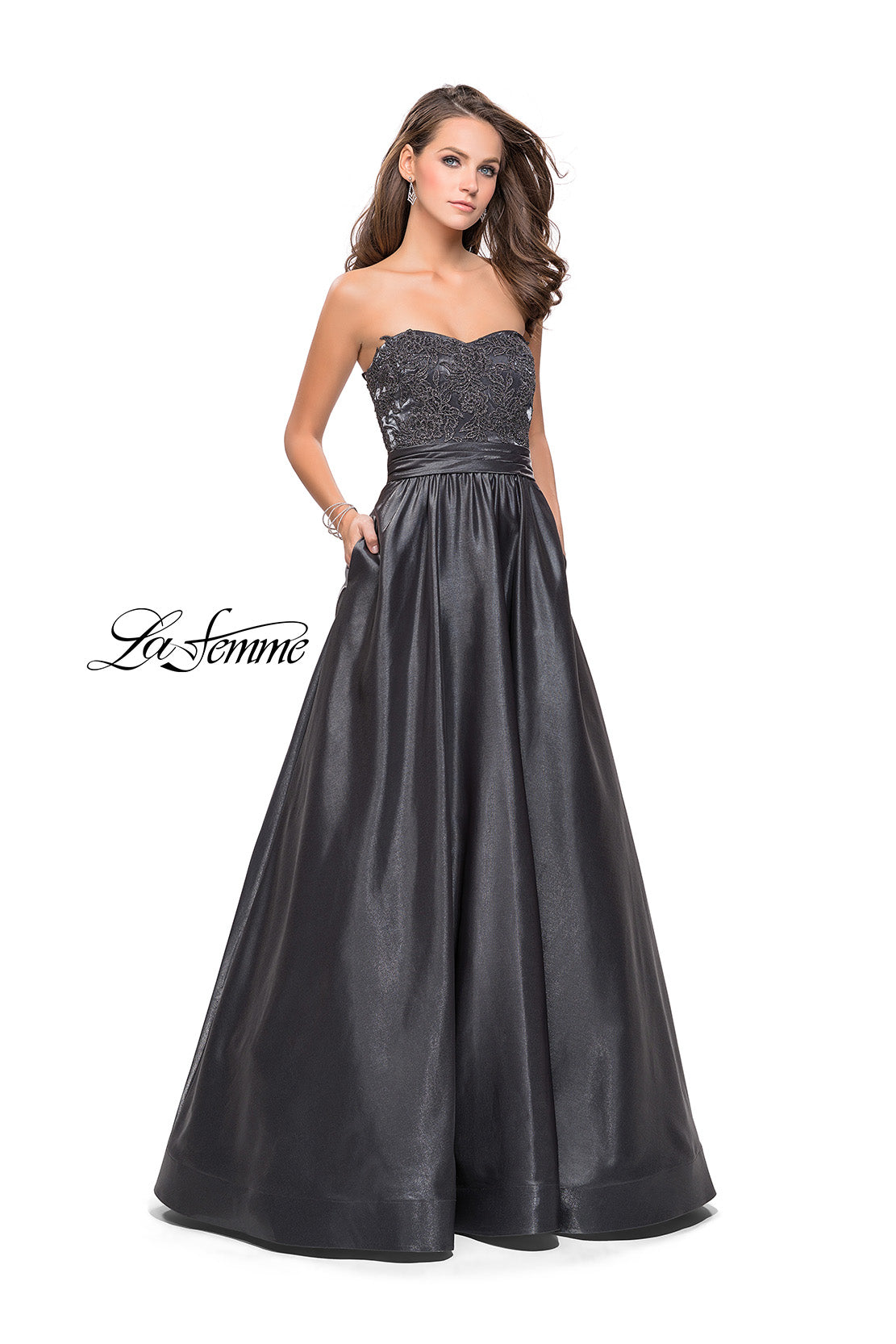 Picture of: Metallic Lace Satin A-line Gown with Pockets in Gunmetal, Style: 26151, Main Picture