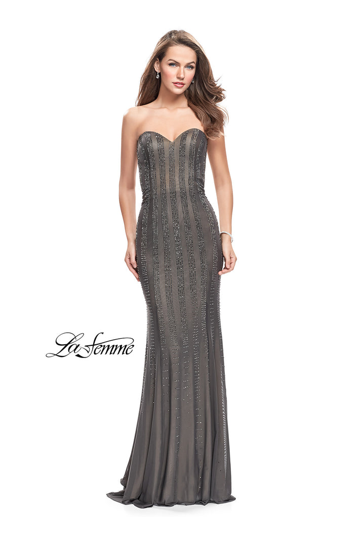 Picture of: Long Strapless Prom Gown with Beading and Low Back in Gunmetal, Style: 26289, Main Picture