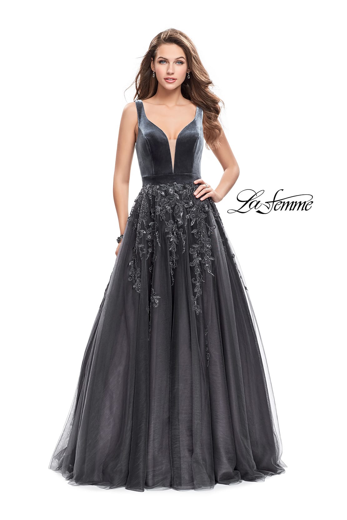 Picture of: A-line Prom Gown with Tulle Skirt and Velvet Bodice in Gunmetal, Style: 26382, Main Picture
