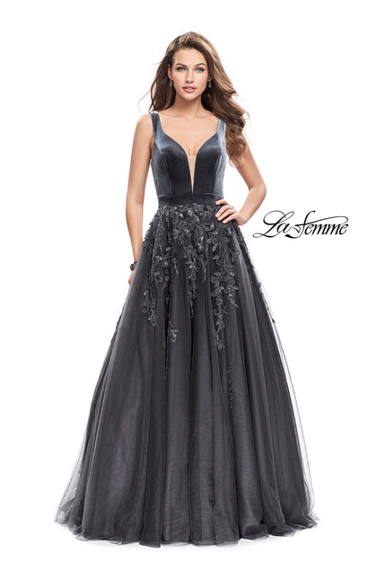 Picture of: A-line Prom Gown with Tulle Skirt and Velvet Bodice in Gunmetal, Style: 26382, Main Picture