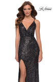 Picture of: Sequin Gown with V Neckline and Strappy Back in Gunmetal, Style 29731, Main Picture