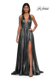 Picture of: A-line Metallic Net Jersey Halter Gown with High Slit in Gunmetal, Style: 32917, Detail Picture 8