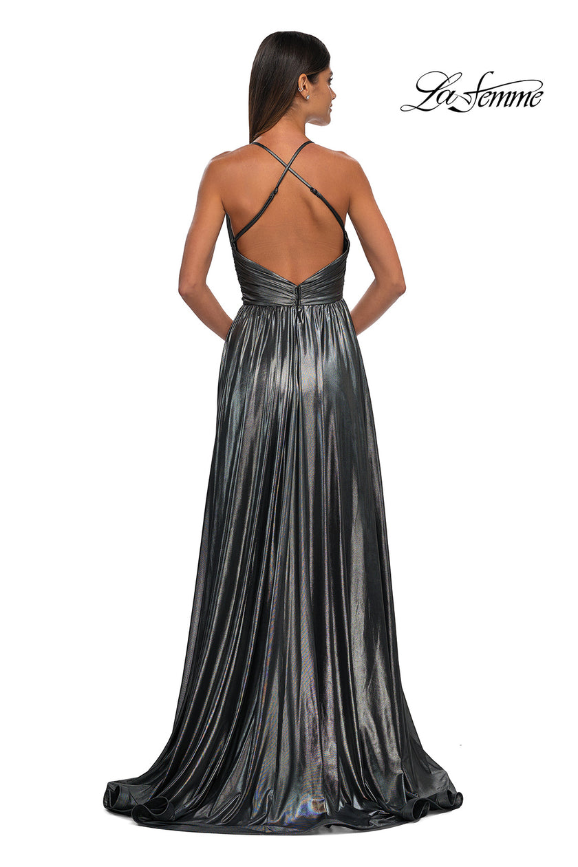 Picture of: A-line Metallic Net Jersey Halter Gown with High Slit in Gunmetal, Style: 32917, Detail Picture 9