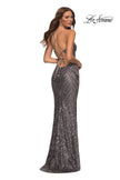 Picture of: Print Sequin Gown in Jewel Tones with V Neckline in Silver, Style: 30496, Detail Picture 12
