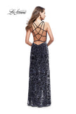 Picture of: Long Velvet Patterned Dress with Open Strappy Back in Gunmetal, Style: 25512, Back Picture