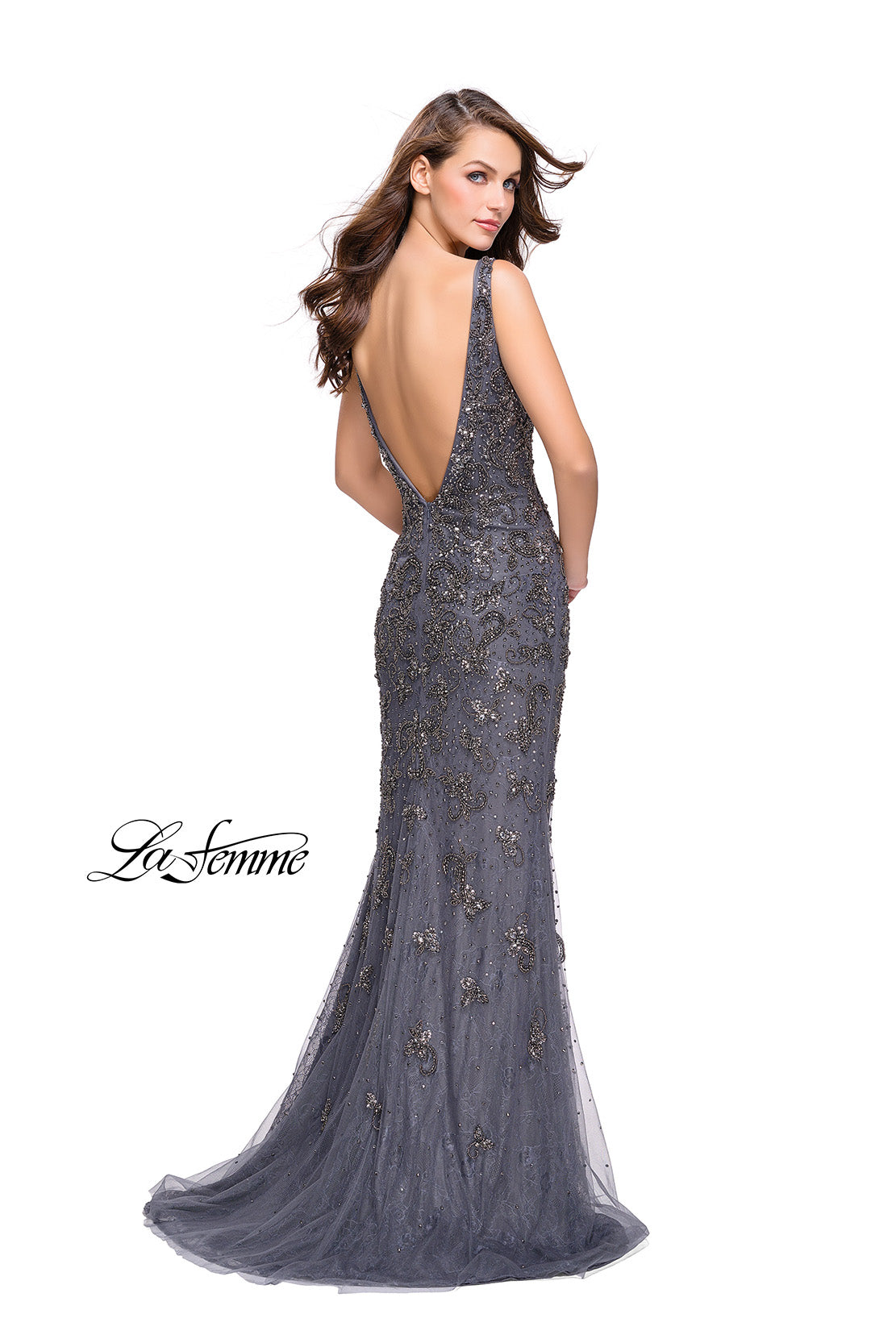 Picture of: Form Fitting Prom Dress with Metallic Beading and V Neck in Gunmetal, Style: 26054, Back Picture