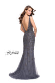 Picture of: Form Fitting Prom Dress with Metallic Beading and V Neck in Gunmetal, Style: 26054, Back Picture