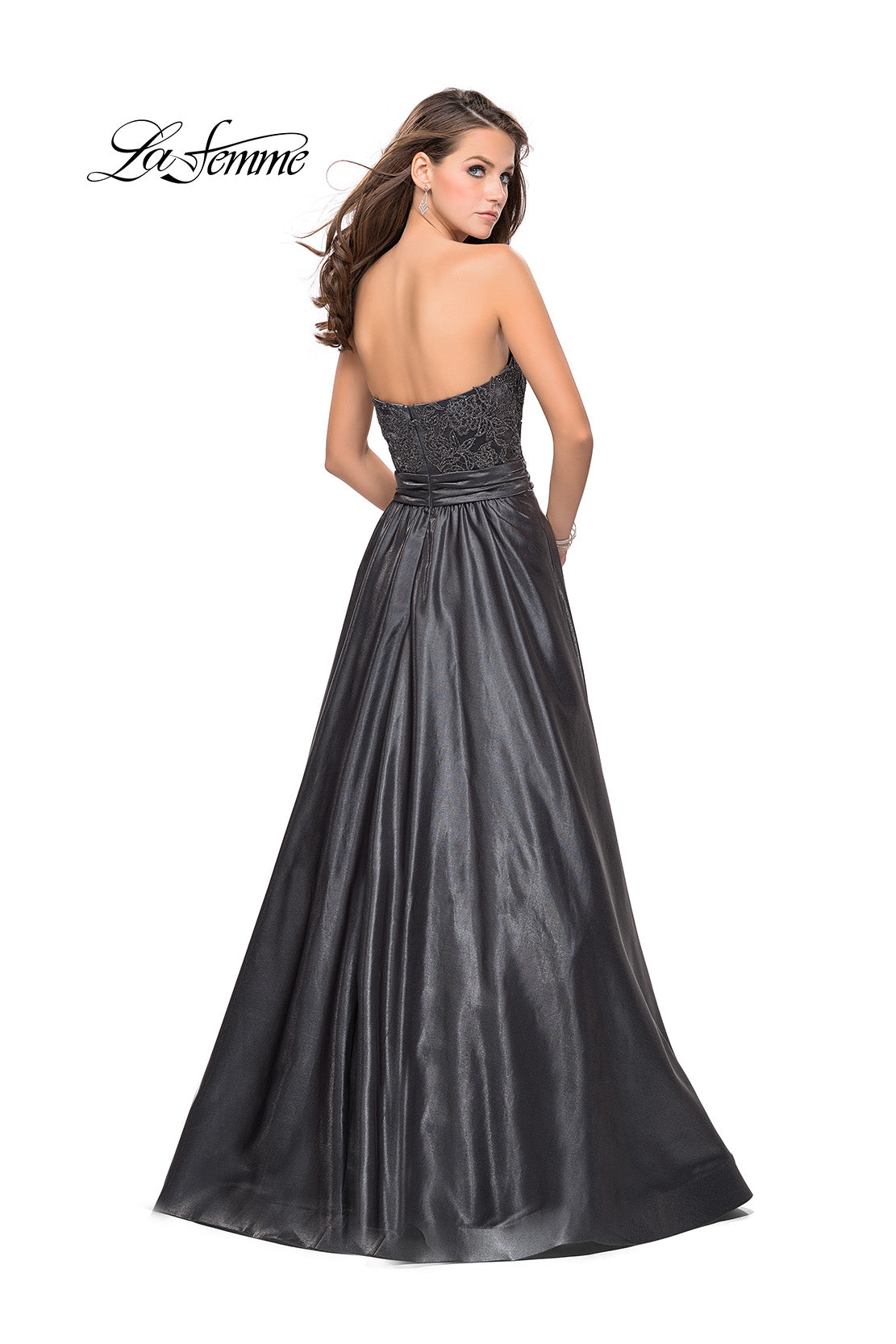 Picture of: Metallic Lace Satin A-line Gown with Pockets in Gunmetal, Style: 26151, Back Picture