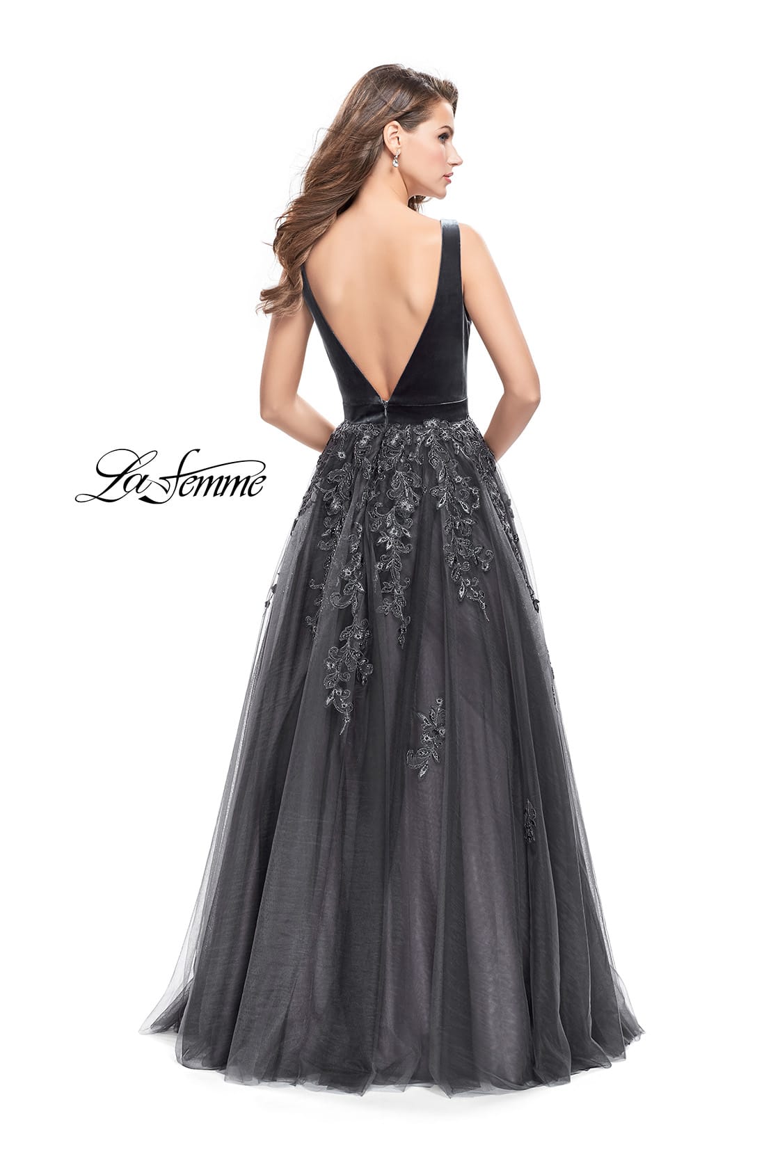 Picture of: A-line Prom Gown with Tulle Skirt and Velvet Bodice in Gunmetal, Style: 26382, Back Picture