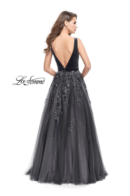 Picture of: A-line Prom Gown with Tulle Skirt and Velvet Bodice in Gunmetal, Style: 26382, Back Picture