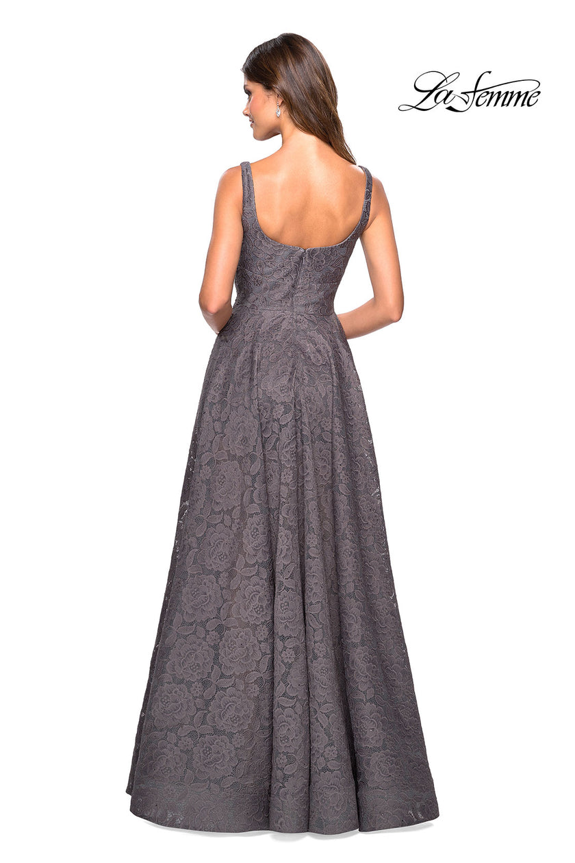 Picture of: Long Lace Prom Dress with Attached Shorts in Gunmetal, Style: 27476, Back Picture