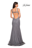 Picture of: Open Back Stretch Lace Long Prom Dress in Gunmetal, Style: 27709, Back Picture