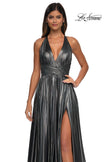Picture of: A-line Metallic Net Jersey Halter Gown with High Slit in Gunmetal, Style: 32917, Detail Picture 22